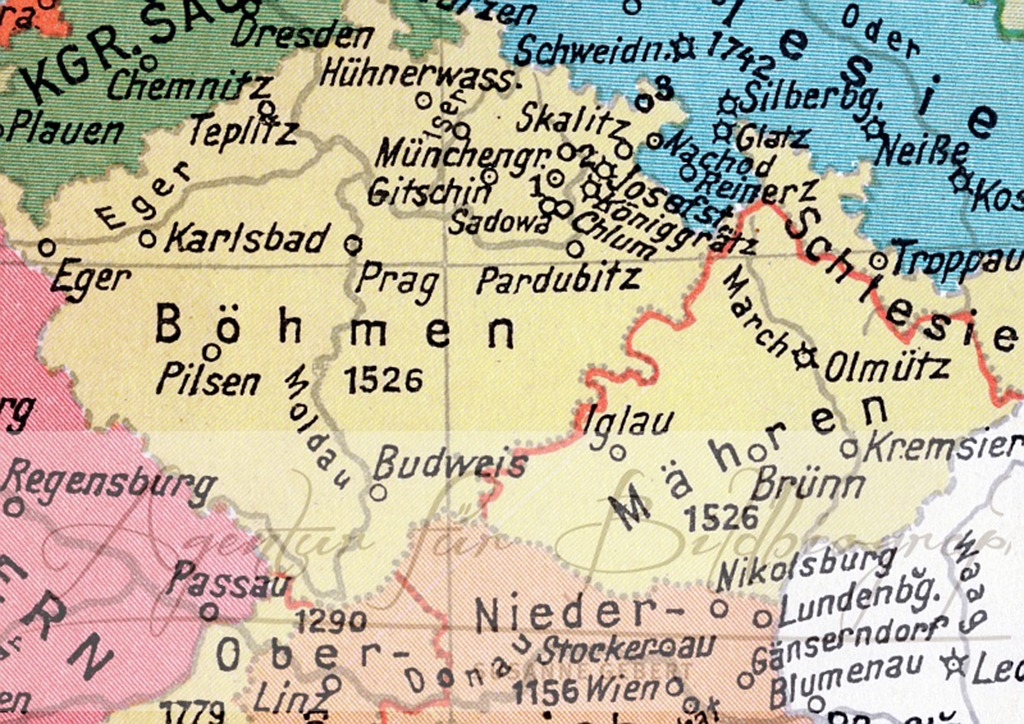 Landkarte der Tschechoslowakei in den Grenzen von 1938 mit Sudetenland, politischer Übersicht vor dem Münchner Abkommen