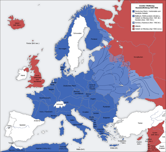 Zweiter Weltkrieg Europa 1941-1942, Karte de, Quelle: Eigene Karte, basierend auf den Karten der University of Texas Libraries, Autor: San Jose, 17. April 2005