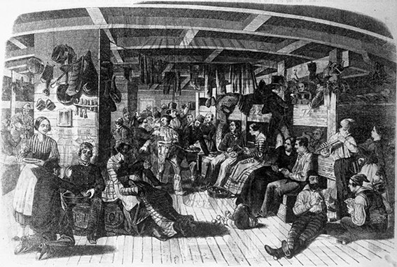 Innenansicht des Auswandererschiffes Samuel Hop mit deutschen Auswanderern auf dem Weg nach Amerika im Jahr 1849