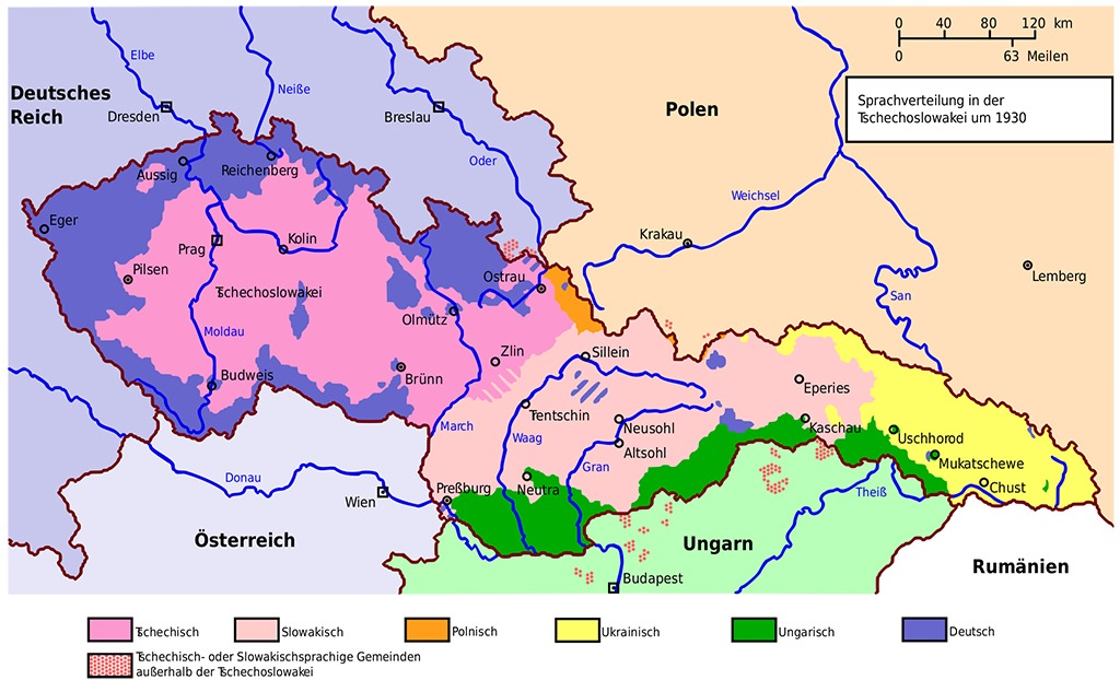 Karte der Sprachverteilung in der Tschechoslowakei um 1930 mit deutschen, tschechischen, slowakischen und weiteren Minderheitengebieten; zeigt die starke Konzentration der Sudetendeutschen entlang der Grenzen.