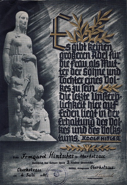 NS Mutterkreuz Urkunde 1938 Ehrenkreuz der deutschen Mutter Auszeichnung für Mütter mit vielen Kindern