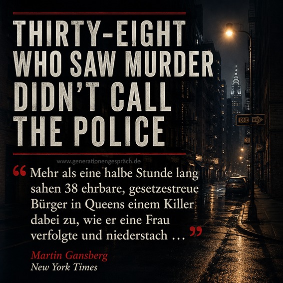 Das Genovese-Syndrom: Kitty Genovese und der Zuschauer-Effekt | Generationengespräch Zitat aus der New York Times zum Mord an Kitty Genovese (1964): „Thirty-Eight Who Saw Murder Didn't Call the Police“ – Symbolbild zum Genovese-Syndrom und Zuschauer-Effekt.