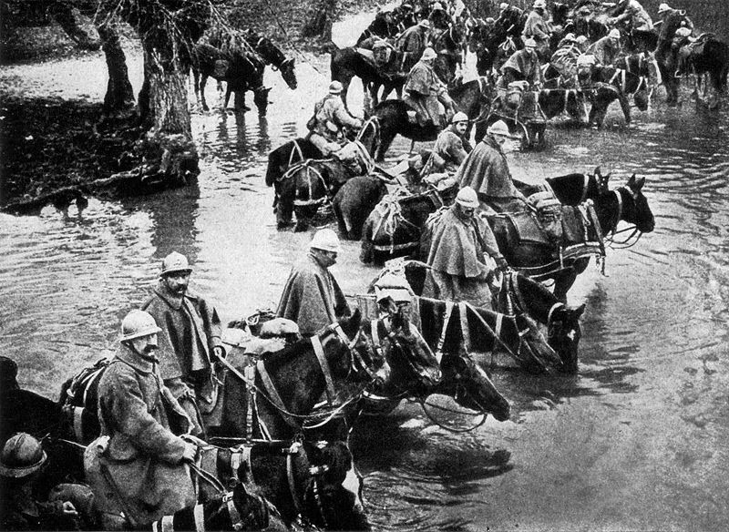 Französische Reservisten überqueren zu Pferd einen Fluss Richtung Verdun, 1917 – Symbolbild für die Härte des modernen Krieges