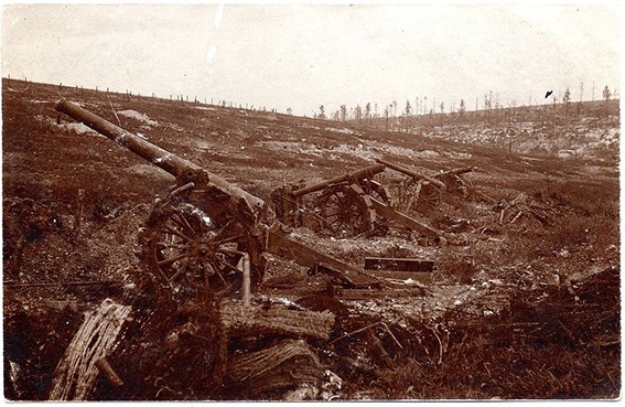 Propagandapostkarte aus der Schlacht von Verdun 1916 | Generationengespräch Deutsche Propagandapostkarte von 1916 mit eroberten französischen Kanonen bei Verdun