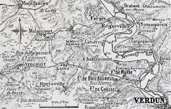 Verdun 1916 – Deutsche Offensive am Ostufer der Maas | Generationengespräch Karte von Verdun am Ostufer der Maas während der deutschen Offensive im Februar 1916