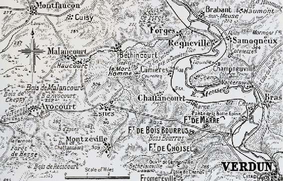 Karte der Schlacht von Verdun 1916 – Kämpfe am Westufer der Maas im Februar