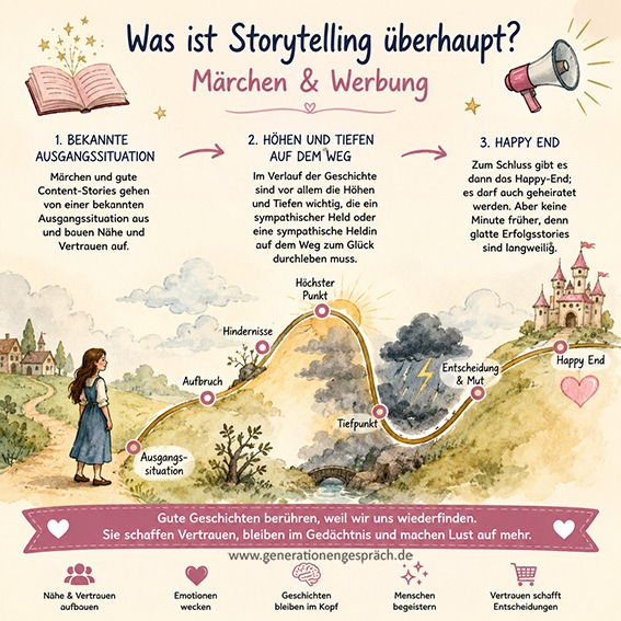 Was ist Storytelling einfach erklärt | Generationengespräch Infografik: Was ist Storytelling? Wie Märchen und gute Geschichten mit einer vertrauten Ausgangssituation beginnen, Vertrauen aufbauen, Höhen und Tiefen zeigen und mit einem Happy End enden.