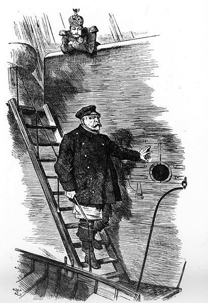 Dropping the Pilot Bismarcks Sturz 1890 Karikatur Sir John Tenniel Karikatur „Dropping the Pilot“ von Sir John Tenniel, 1890 – Kaiser Wilhelm II entlässt Reichskanzler Otto von Bismarck