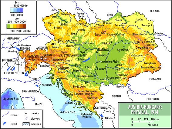 Karte von Österreich-Ungarn 1914 vor dem Ersten Weltkrieg mit den Ländern der Habsburger Monarchie