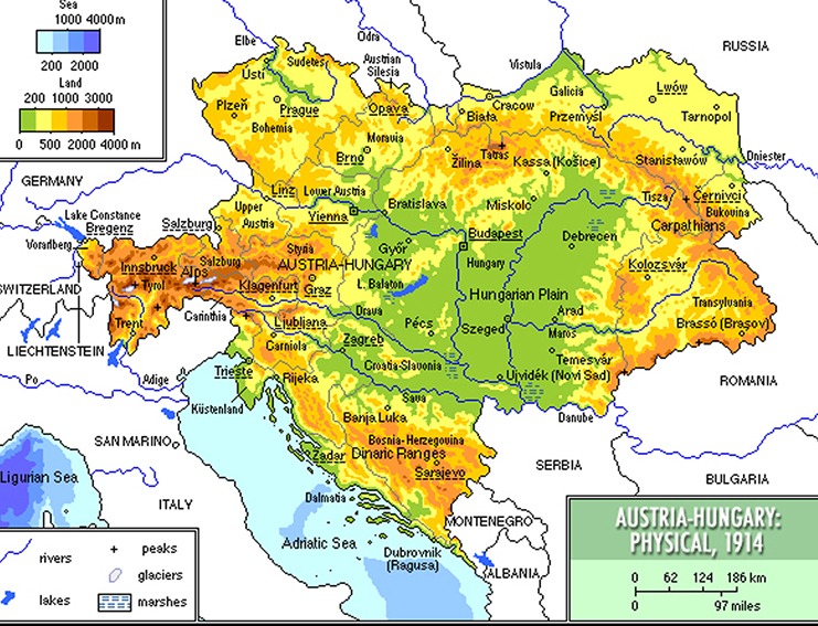 Karte von Österreich-Ungarn 1914 – Habsburger Reich vor dem Ersten Weltkrieg, Vielvölkerstaat mit Grenzen und Hauptstädten