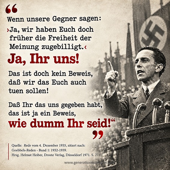 Grafik mit Joseph Goebbels und einem Zitat zur Meinungsfreiheit aus einer Rede von 1935