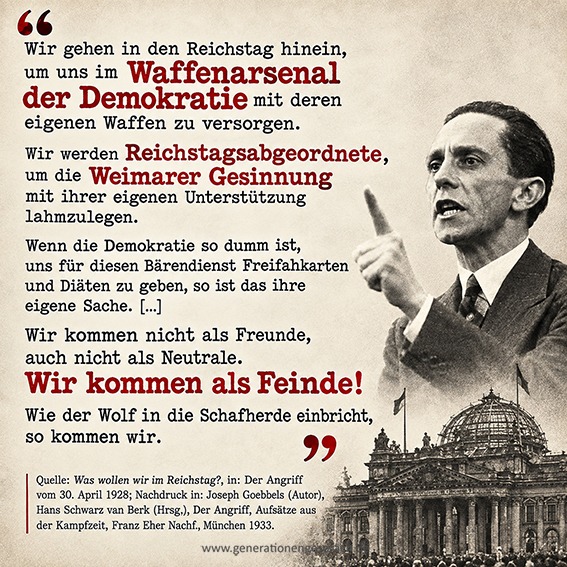 Joseph Goebbels: „Wir kommen als Feinde“ – 1928 | Generationengespräch Joseph Goebbels mit Zitat zur Demokratie und zum Reichstag, 1928