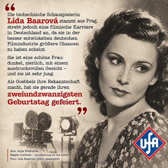 Historische Grafik mit Lida Baarova und einem Zitat über ihre Bekanntschaft mit Joseph Goebbels
