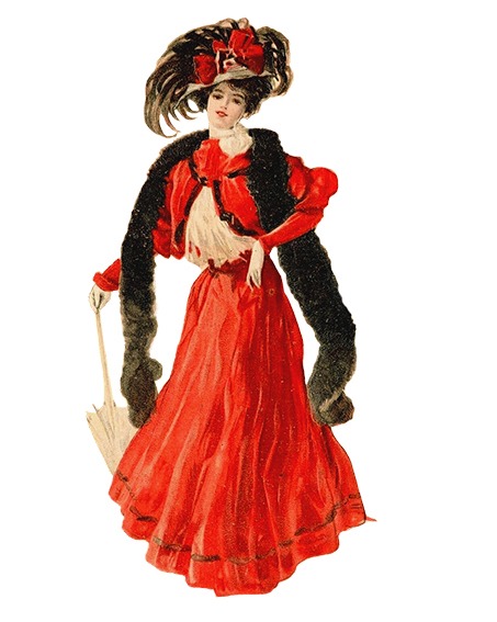 Mode um 1900: Wagenradhut, Korsett und Belle Époque | Generationengespräch Dame im roten Kleid mit Wagenradhut und Korsett in der Mode um 1900 während der Belle Époque