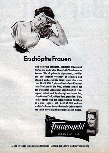 Frauengold Werbung aus den 1950er Jahren – alkoholhaltiges Tonikum für Hausfrauen und Spiegelbild von Kindheit, Erziehung und Rollenbildern der Nachkriegszeit