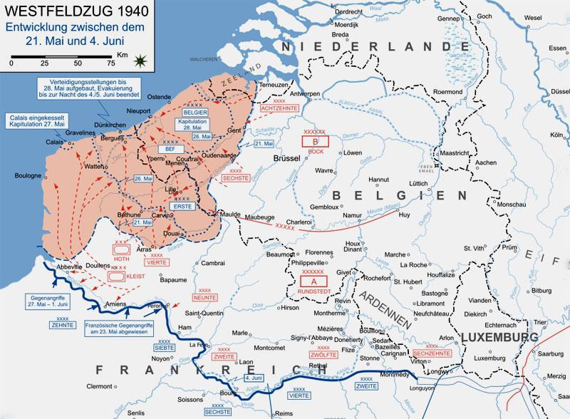 Fall Gelb 1940: Der Westfeldzug und die Schlacht um Dünkirchen | Generationengespräch Historische Karte zu Fall Gelb: Truppenbewegungen bei Dünkirchen vom 21. Mai bis 4. Juni 1940
